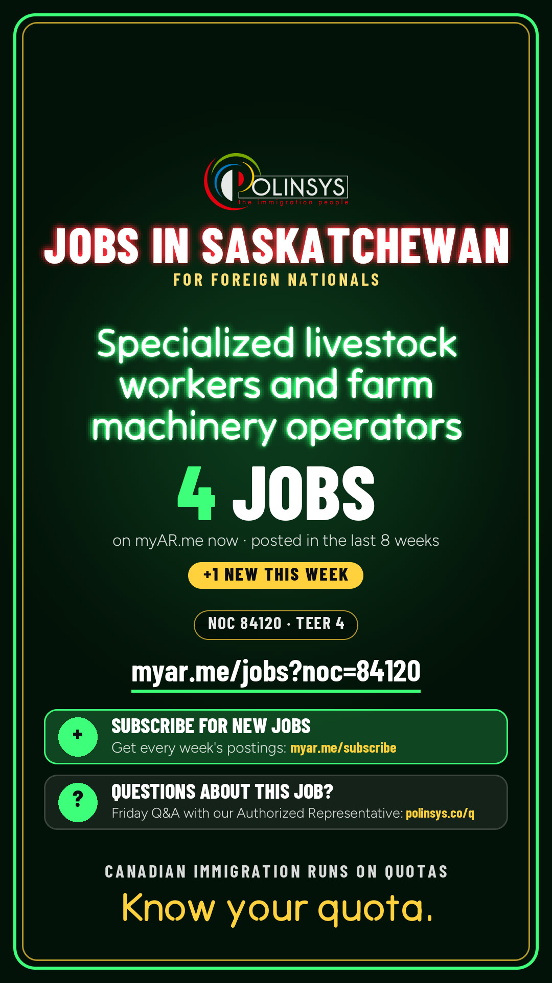 Job card: Specialized livestock workers and farm machinery operators (NOC 84120) — 4 jobs on myAR.me