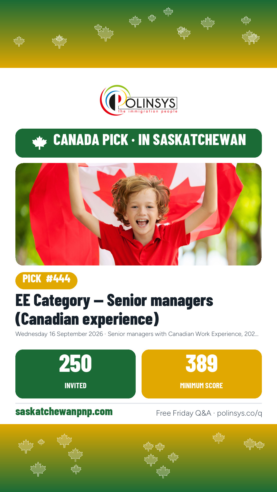 EE Category — Senior managers (Canadian experience) — 250 invitations, 16 September 2026 — in Saskatchewan