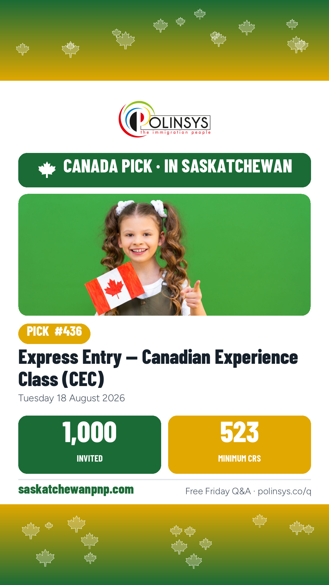 Express Entry — Canadian Experience Class (CEC) — 1,000 invitations, 18 August 2026 — in Saskatchewan