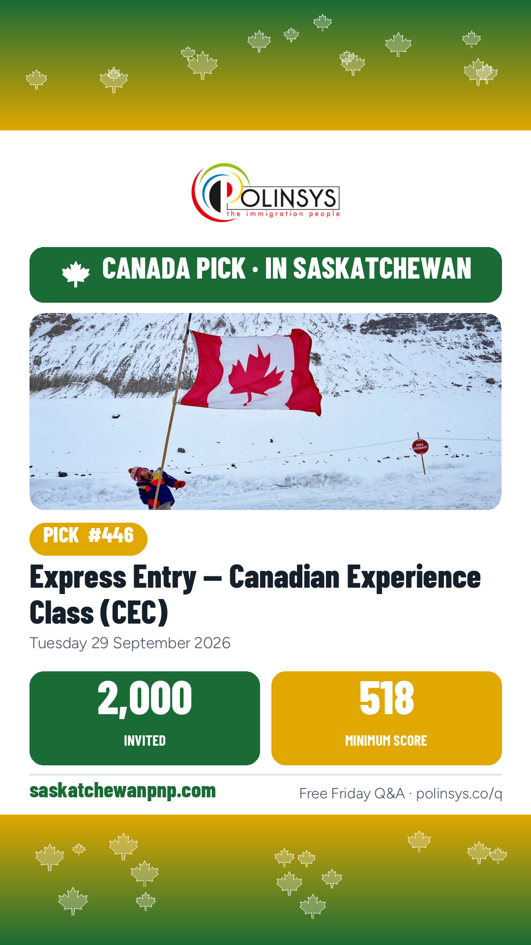 Express Entry — Canadian Experience Class (CEC) — 2,000 invitations, 29 September 2026 — in Saskatchewan