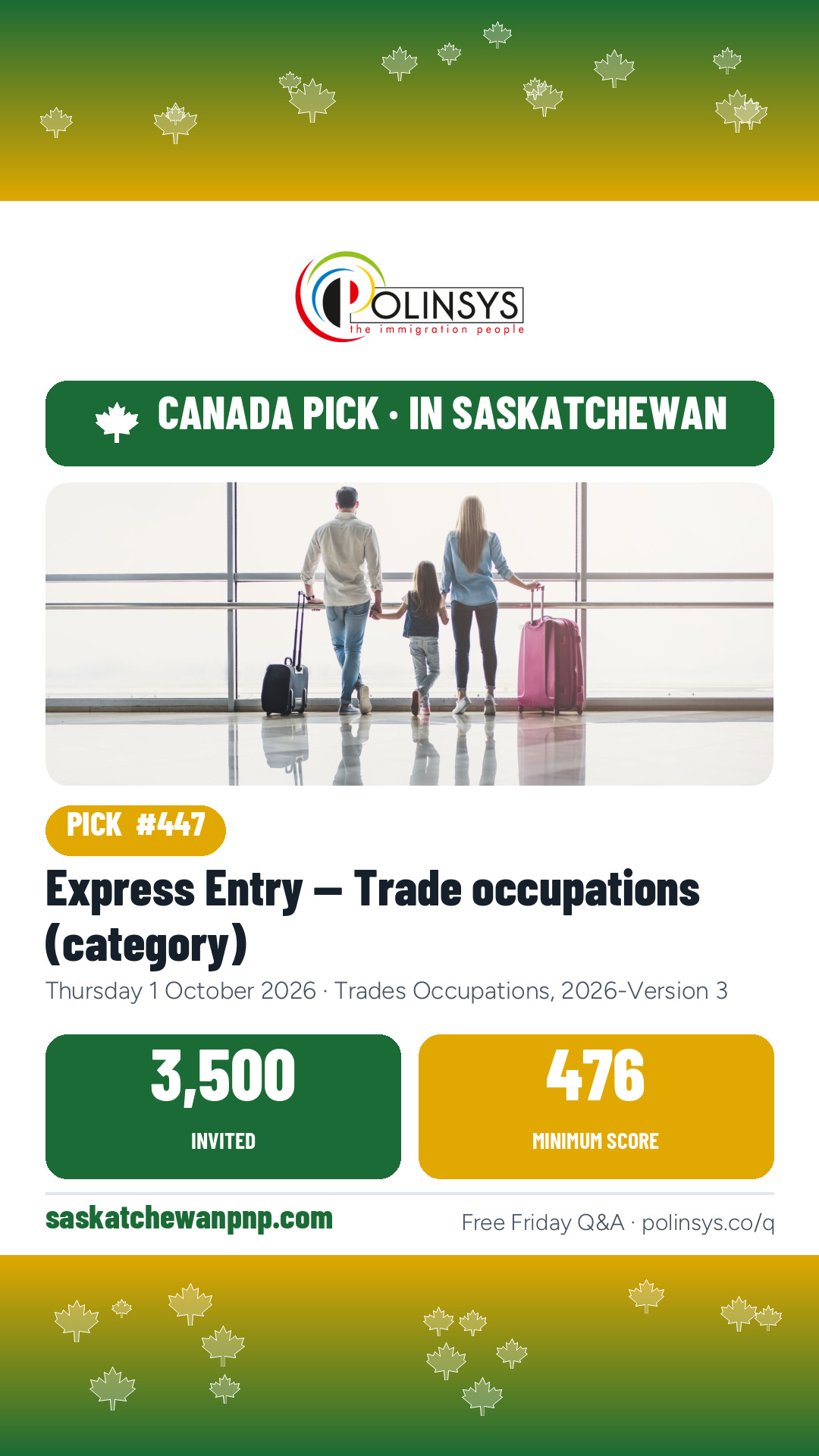 Express Entry — Trade occupations (category) — 3,500 invitations, 1 October 2026 — in Saskatchewan