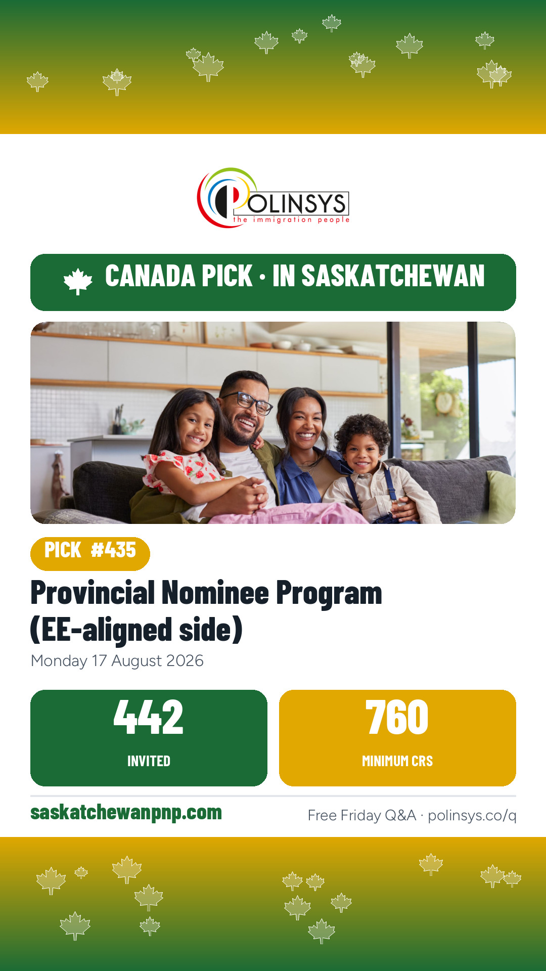 Provincial Nominee Program (EE-aligned side) — 442 invitations, 17 August 2026 — in Saskatchewan