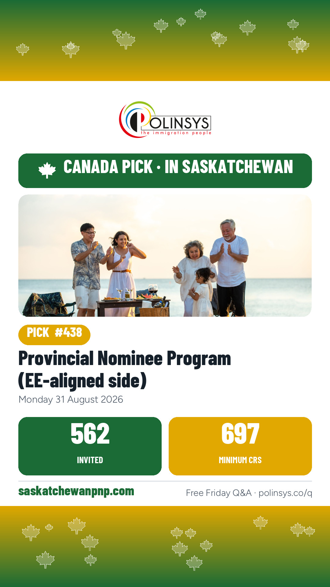 Provincial Nominee Program (EE-aligned side) — 562 invitations, 31 August 2026 — in Saskatchewan